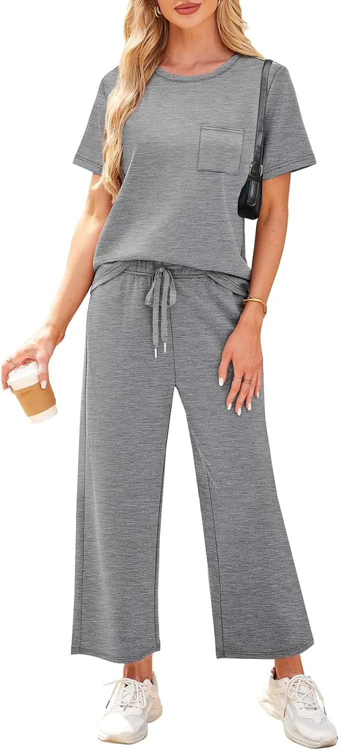 WIHOLL 2 Piece Sets for Women Casual Summer Travel Vacation Outfits Short Sleeve Wide Leg Crop Pants Lounge Sets