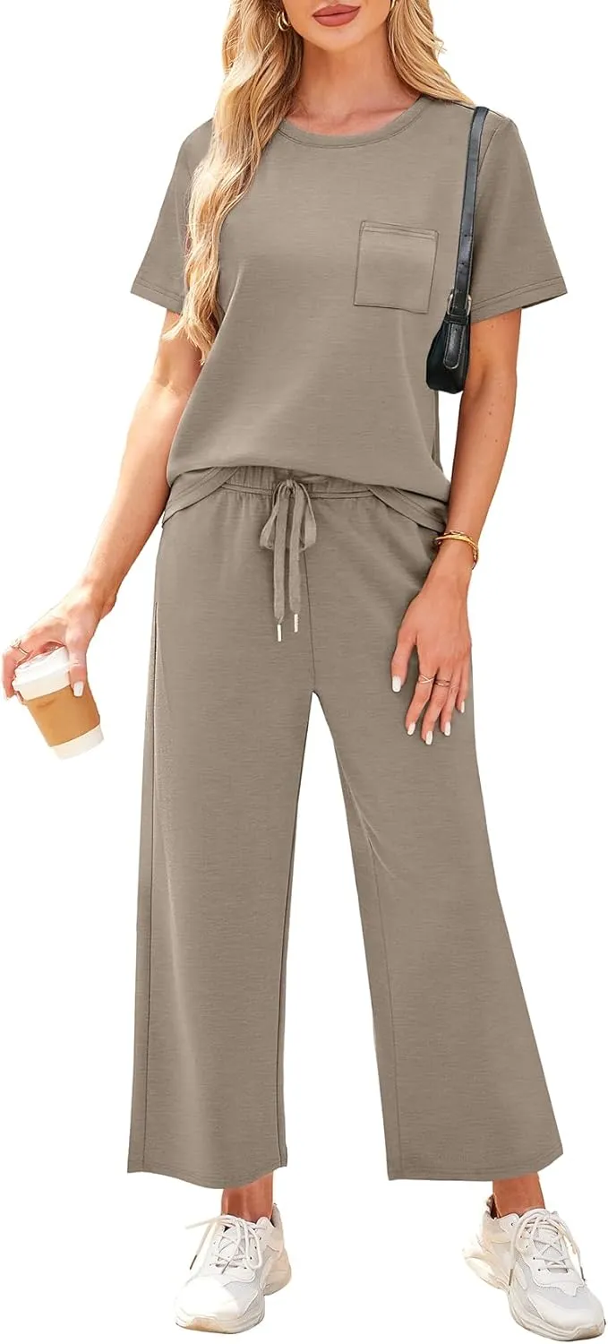 WIHOLL 2 Piece Sets for Women Casual Summer Travel Vacation Outfits Short Sleeve Wide Leg Crop Pants Lounge Sets