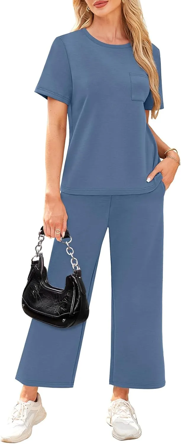 WIHOLL 2 Piece Sets for Women Casual Summer Travel Vacation Outfits Short Sleeve Wide Leg Crop Pants Lounge Sets
