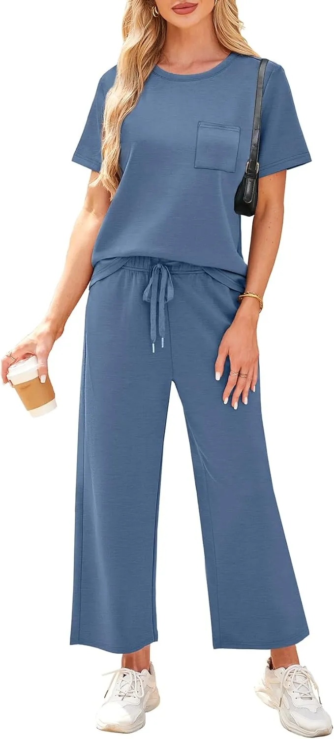 WIHOLL 2 Piece Sets for Women Casual Summer Travel Vacation Outfits Short Sleeve Wide Leg Crop Pants Lounge Sets