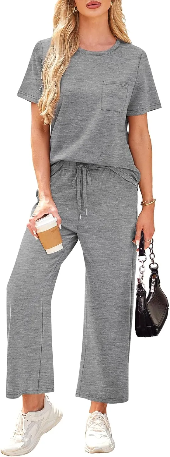 WIHOLL 2 Piece Sets for Women Casual Summer Travel Vacation Outfits Short Sleeve Wide Leg Crop Pants Lounge Sets