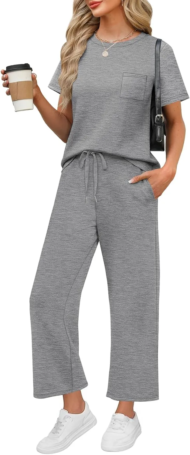 WIHOLL 2 Piece Sets for Women Casual Summer Travel Vacation Outfits Short Sleeve Wide Leg Crop Pants Lounge Sets