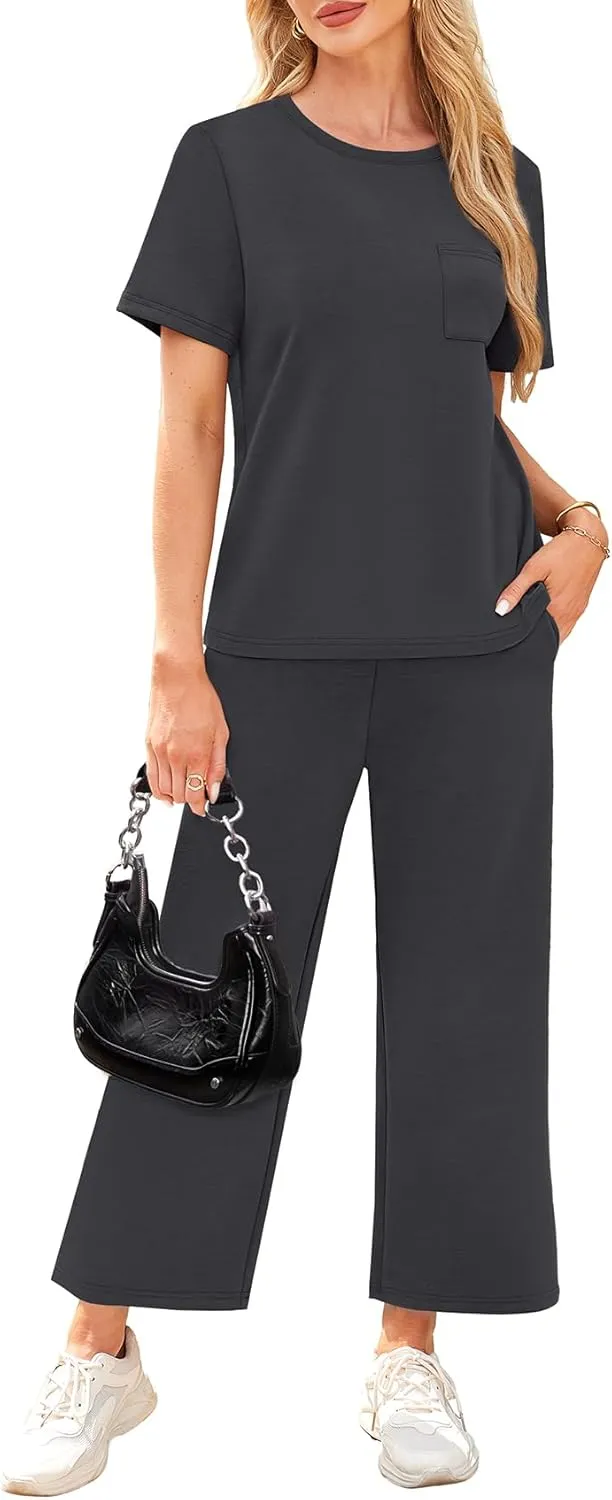 WIHOLL 2 Piece Sets for Women Casual Summer Travel Vacation Outfits Short Sleeve Wide Leg Crop Pants Lounge Sets