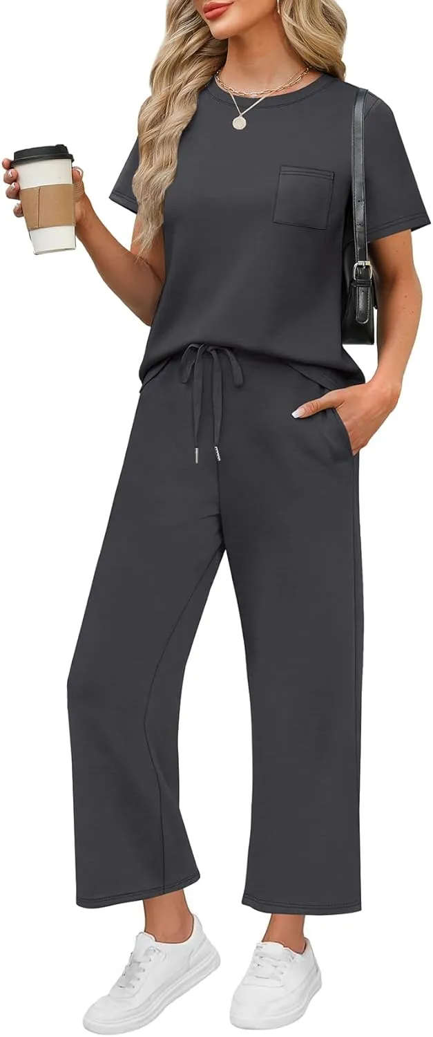 WIHOLL 2 Piece Sets for Women Casual Summer Travel Vacation Outfits Short Sleeve Wide Leg Crop Pants Lounge Sets
