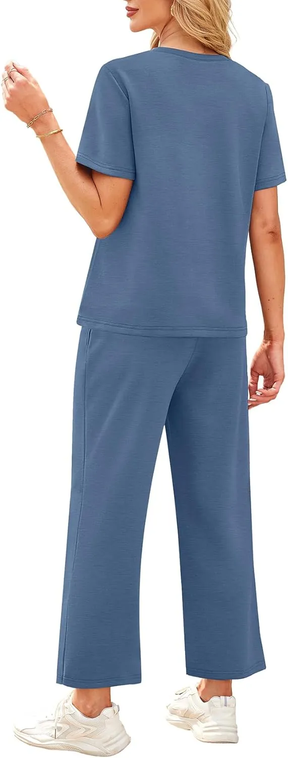 WIHOLL 2 Piece Sets for Women Casual Summer Travel Vacation Outfits Short Sleeve Wide Leg Crop Pants Lounge Sets
