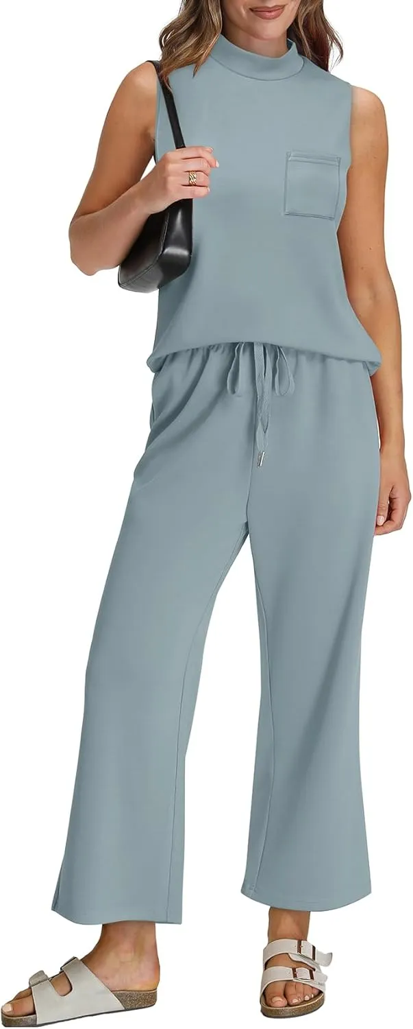 WIHOLL 2 Piece Sets for Women Summer Travel Vacation Outfits Casual Mock Neck Wide Leg Crop Pants Lounge Sets