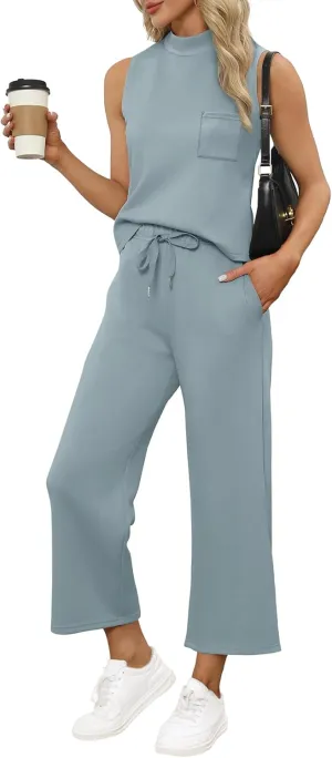 WIHOLL 2 Piece Sets for Women Summer Travel Vacation Outfits Casual Mock Neck Wide Leg Crop Pants Lounge Sets