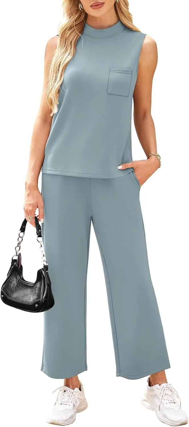 WIHOLL 2 Piece Sets for Women Summer Travel Vacation Outfits Casual Mock Neck Wide Leg Crop Pants Lounge Sets