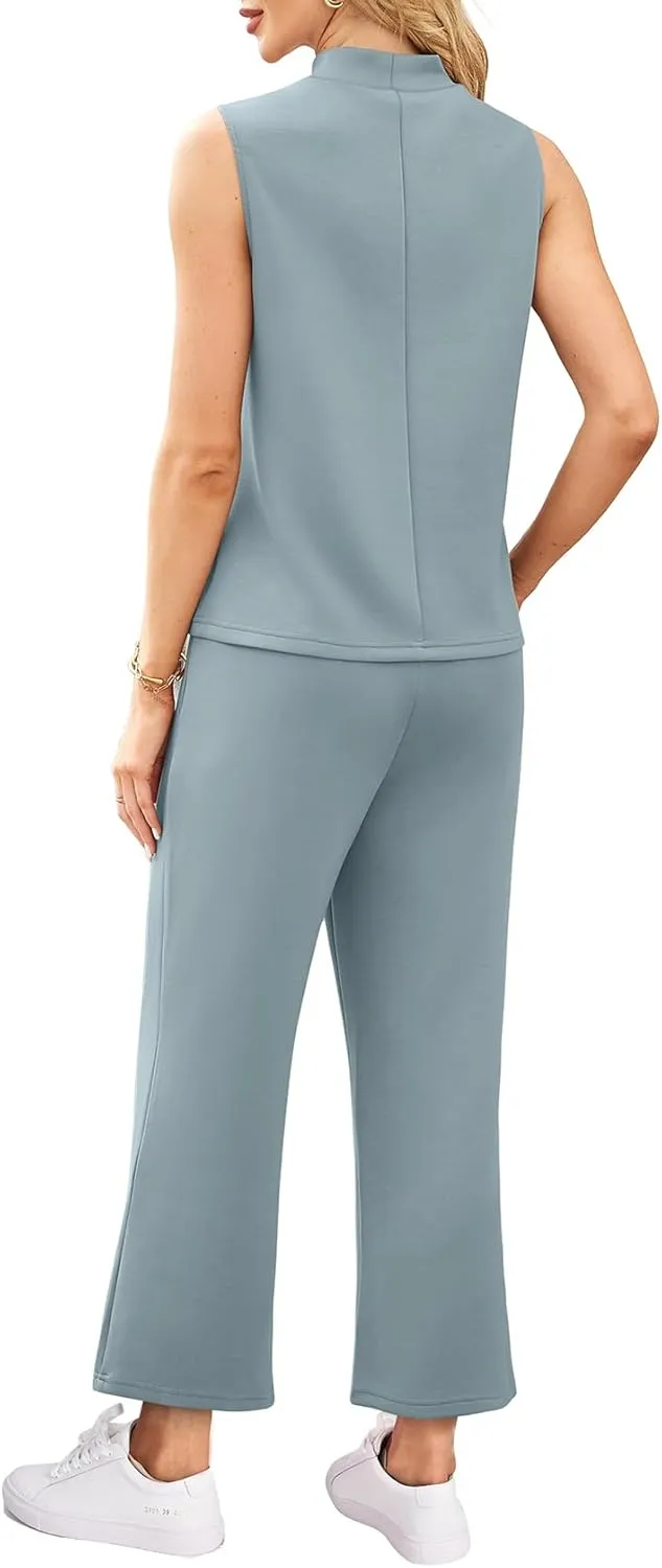 WIHOLL 2 Piece Sets for Women Summer Travel Vacation Outfits Casual Mock Neck Wide Leg Crop Pants Lounge Sets