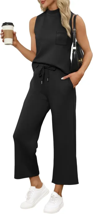 WIHOLL 2 Piece Sets for Women Summer Travel Vacation Outfits Casual Mock Neck Wide Leg Crop Pants Lounge Sets