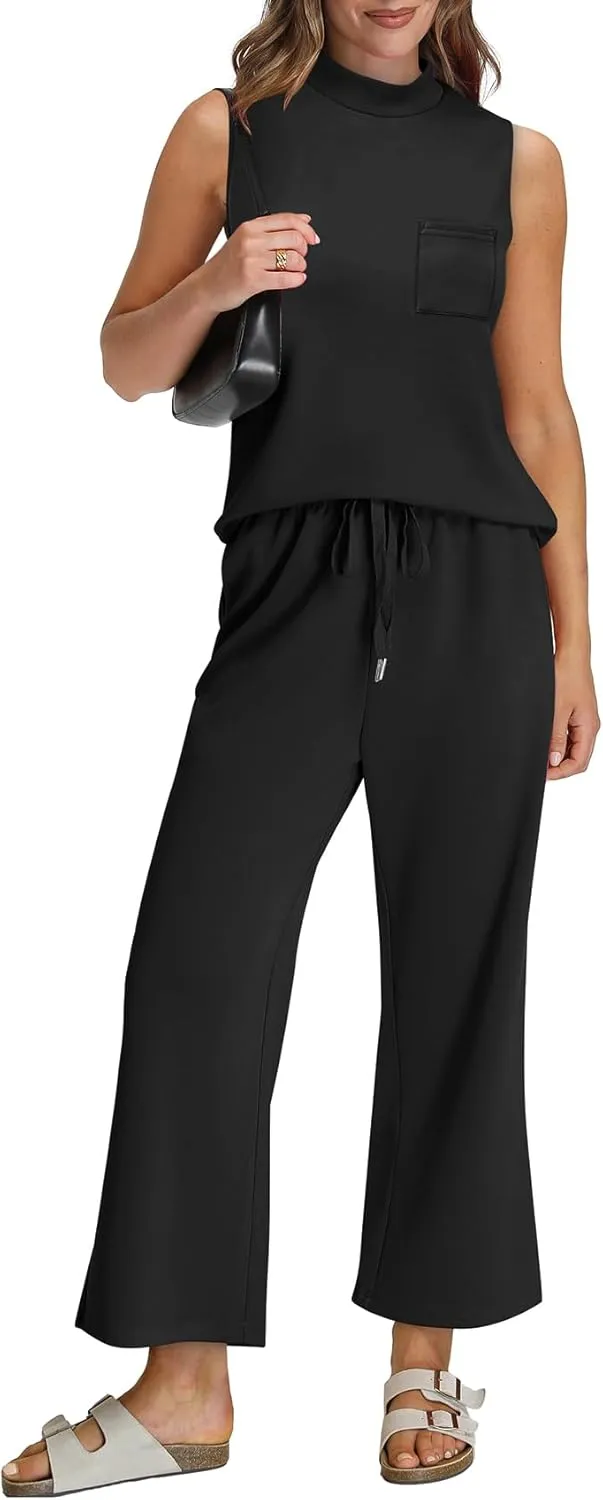 WIHOLL 2 Piece Sets for Women Summer Travel Vacation Outfits Casual Mock Neck Wide Leg Crop Pants Lounge Sets