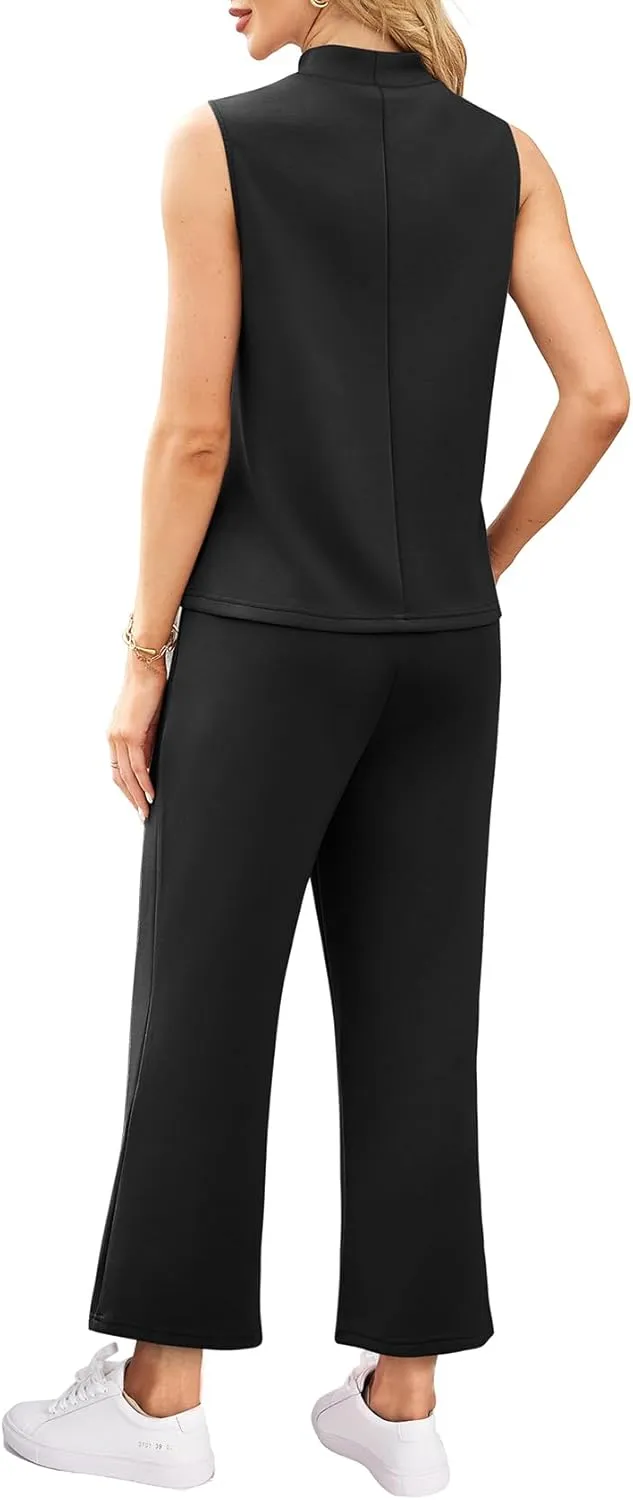 WIHOLL 2 Piece Sets for Women Summer Travel Vacation Outfits Casual Mock Neck Wide Leg Crop Pants Lounge Sets