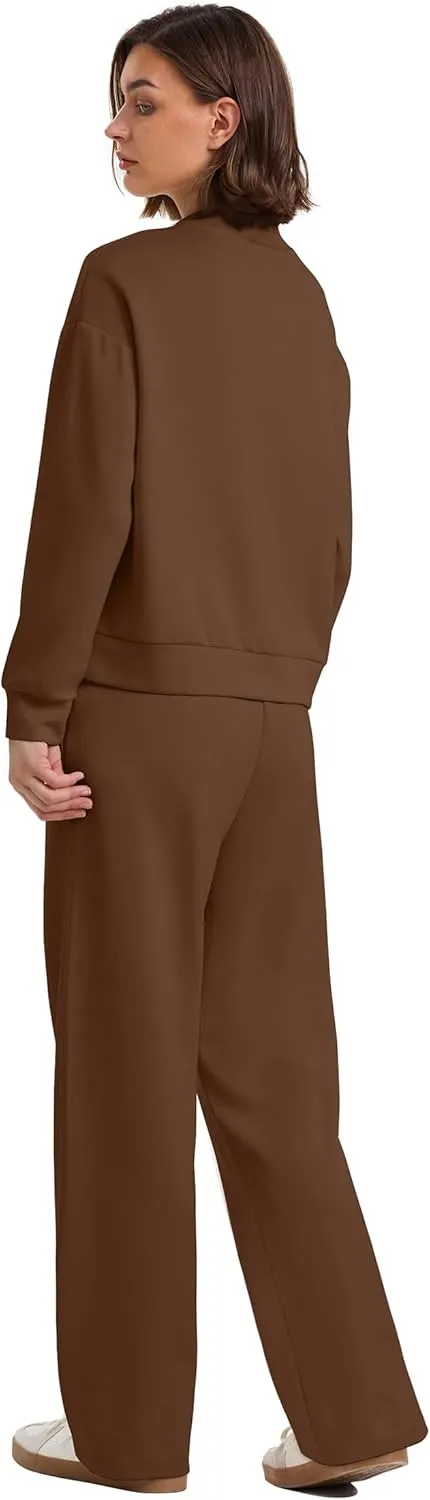 WIHOLL Two Piece Sets for Women Fall Outfits Lounge Sets Mock Neck Tops Wide Leg Pants Vacation Travel Airport Outfits