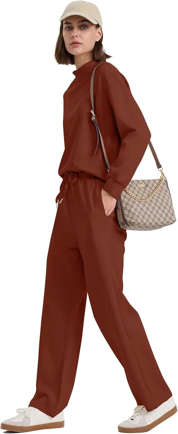 WIHOLL Two Piece Sets for Women Fall Outfits Lounge Sets Mock Neck Tops Wide Leg Pants Vacation Travel Airport Outfits