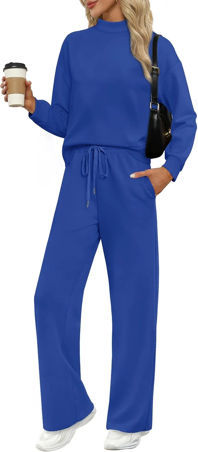 WIHOLL Two Piece Sets for Women Fall Outfits Lounge Sets Mock Neck Tops Wide Leg Pants Vacation Travel Airport Outfits