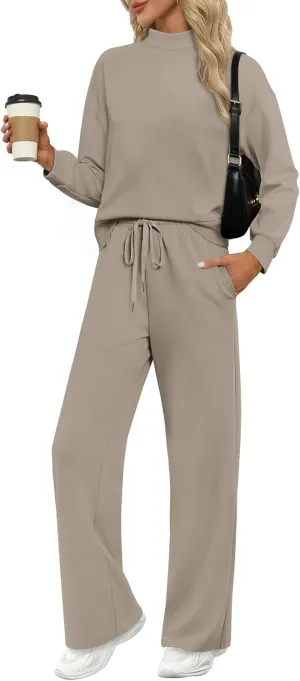 WIHOLL Two Piece Sets for Women Fall Outfits Lounge Sets Mock Neck Tops Wide Leg Pants Vacation Travel Airport Outfits