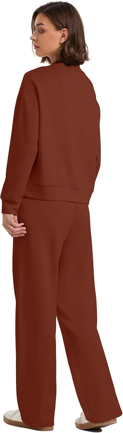 WIHOLL Two Piece Sets for Women Fall Outfits Lounge Sets Mock Neck Tops Wide Leg Pants Vacation Travel Airport Outfits