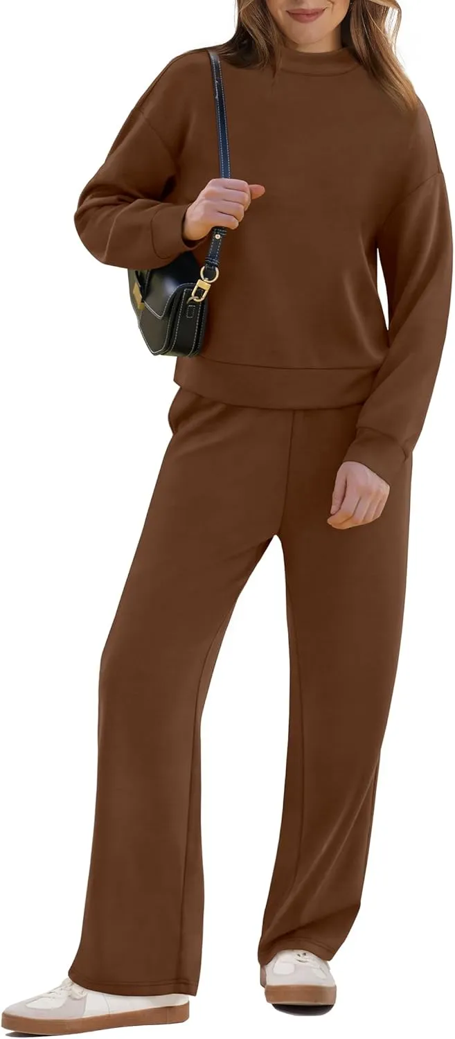 WIHOLL Two Piece Sets for Women Fall Outfits Lounge Sets Mock Neck Tops Wide Leg Pants Vacation Travel Airport Outfits