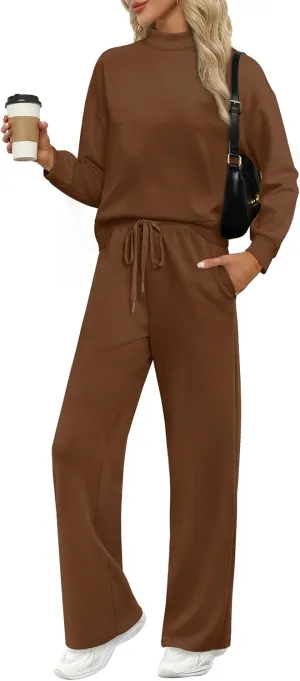 WIHOLL Two Piece Sets for Women Fall Outfits Lounge Sets Mock Neck Tops Wide Leg Pants Vacation Travel Airport Outfits