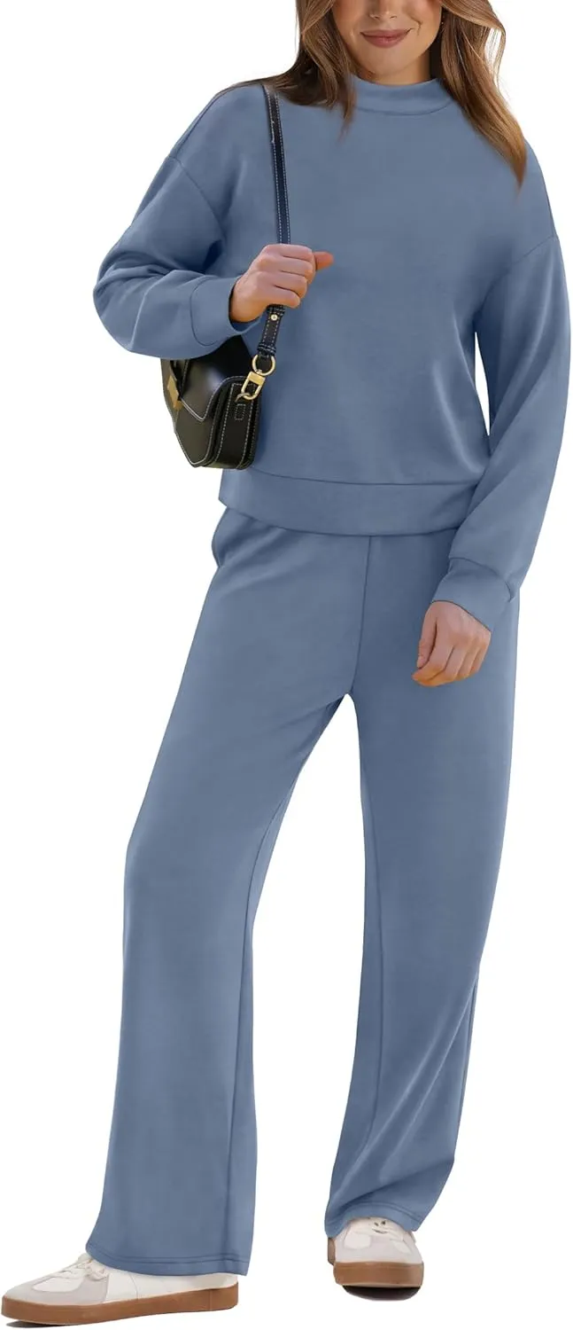 WIHOLL Two Piece Sets for Women Fall Outfits Lounge Sets Mock Neck Tops Wide Leg Pants Vacation Travel Airport Outfits