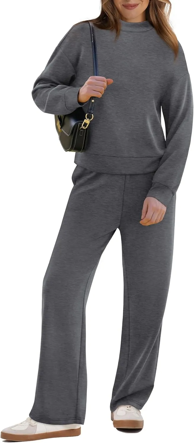 WIHOLL Two Piece Sets for Women Fall Outfits Lounge Sets Mock Neck Tops Wide Leg Pants Vacation Travel Airport Outfits