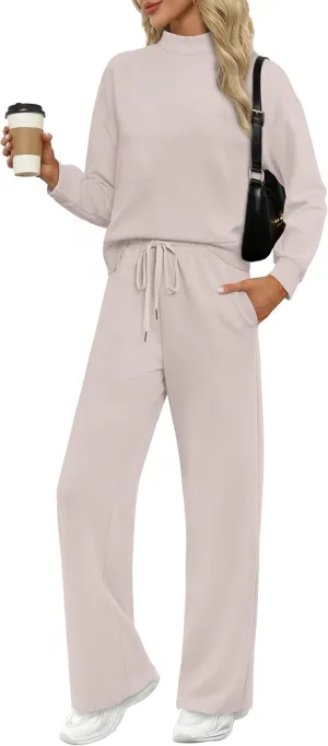 WIHOLL Two Piece Sets for Women Fall Outfits Lounge Sets Mock Neck Tops Wide Leg Pants Vacation Travel Airport Outfits