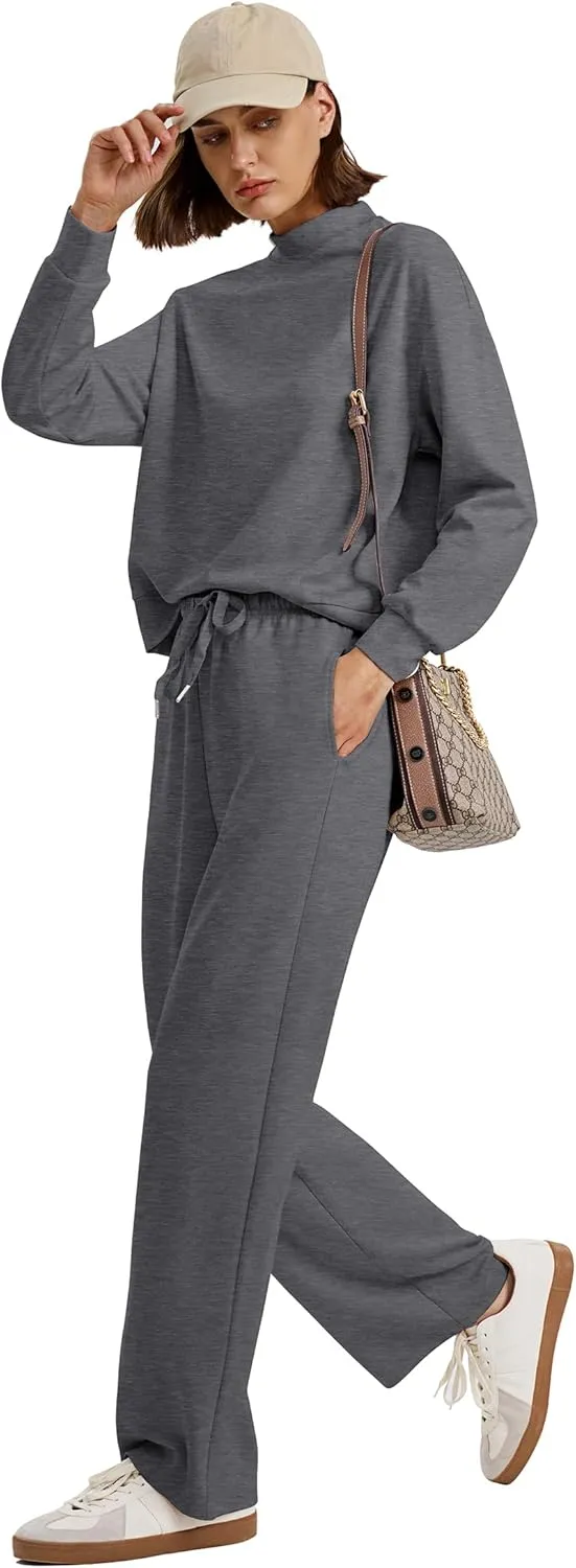 WIHOLL Two Piece Sets for Women Fall Outfits Lounge Sets Mock Neck Tops Wide Leg Pants Vacation Travel Airport Outfits