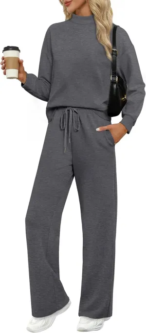 WIHOLL Two Piece Sets for Women Fall Outfits Lounge Sets Mock Neck Tops Wide Leg Pants Vacation Travel Airport Outfits
