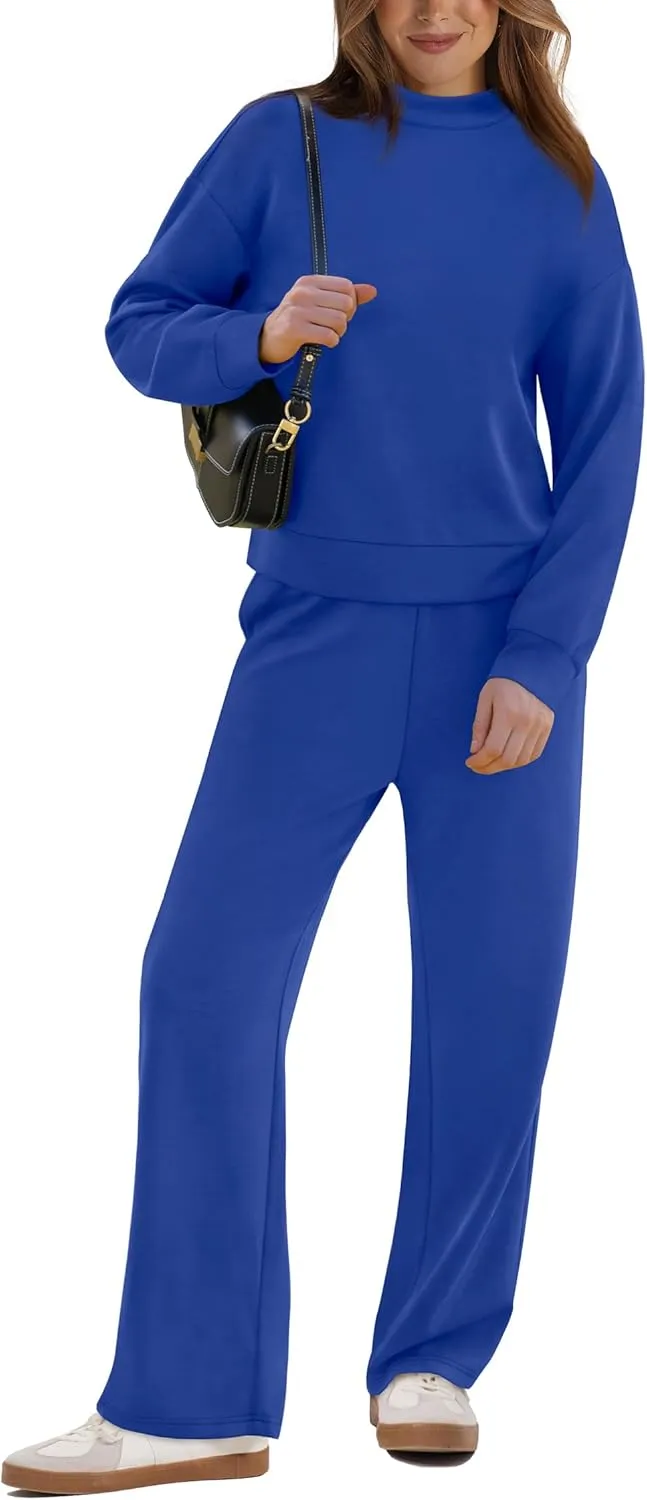 WIHOLL Two Piece Sets for Women Fall Outfits Lounge Sets Mock Neck Tops Wide Leg Pants Vacation Travel Airport Outfits