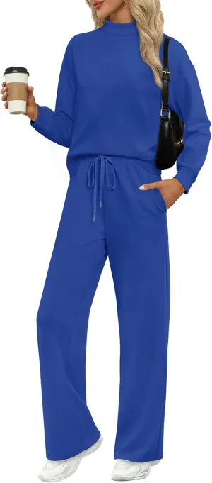 WIHOLL Two Piece Sets for Women Fall Outfits Lounge Sets Mock Neck Tops Wide Leg Pants Vacation Travel Airport Outfits