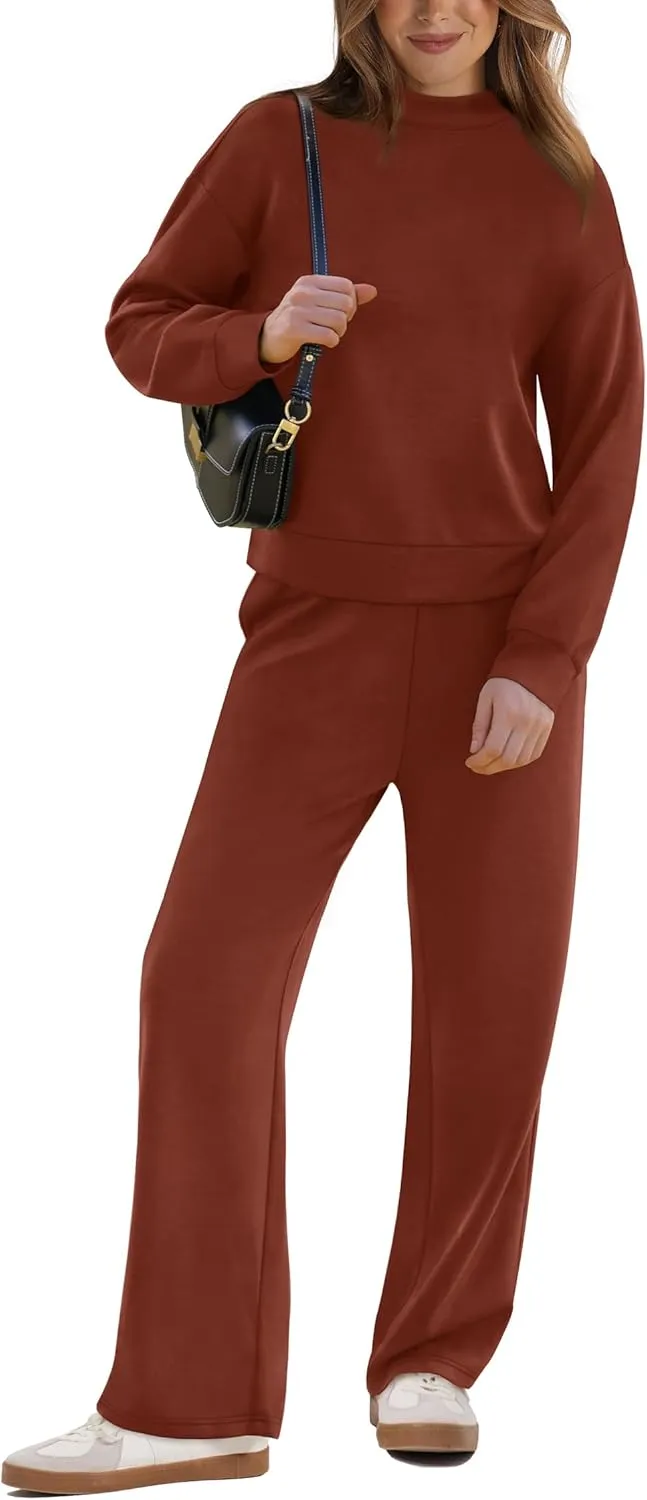 WIHOLL Two Piece Sets for Women Fall Outfits Lounge Sets Mock Neck Tops Wide Leg Pants Vacation Travel Airport Outfits