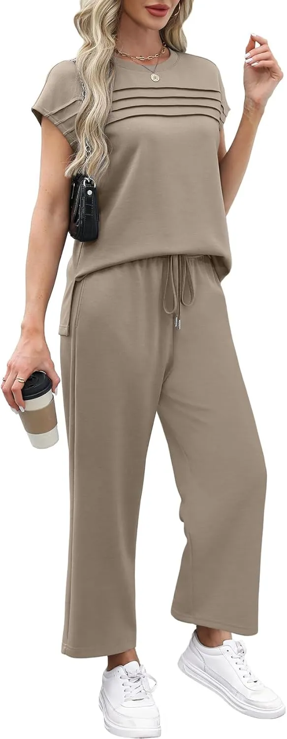 WIHOLL Two Piece Sets for Women Summer Travel Vacation Outfits Cap Sleeve Lounge Matching Sets Wide Leg Pants S-3XL