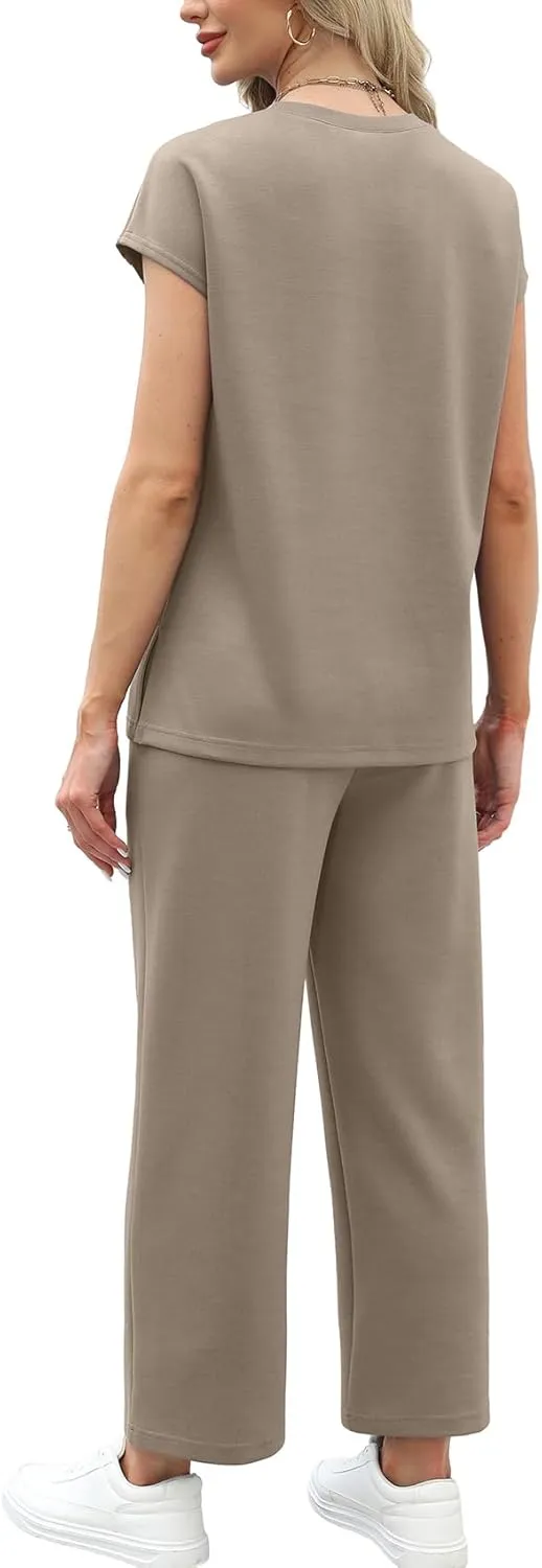 WIHOLL Two Piece Sets for Women Summer Travel Vacation Outfits Cap Sleeve Lounge Matching Sets Wide Leg Pants S-3XL