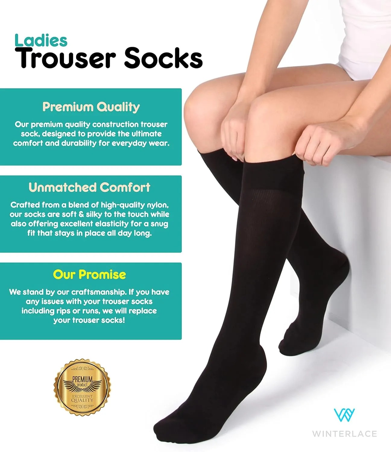 Winterlace Women’s Trouser Socks, Opaque Stretchy Nylon Knee High, Many Colors, 6 or 12 Pairs