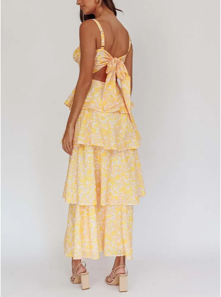Women Floral Maxi Dress Sleeveless Bow Back Tiered Boho Flowy Long Dresses Summer Fall
