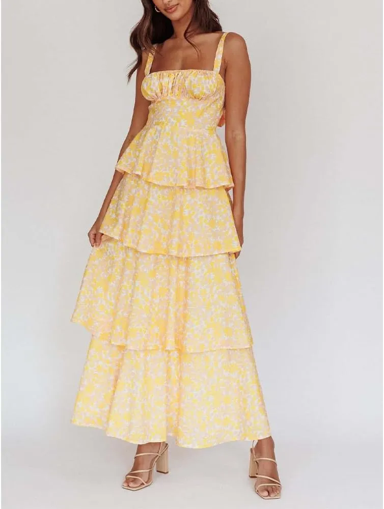 Women Floral Maxi Dress Sleeveless Bow Back Tiered Boho Flowy Long Dresses Summer Fall