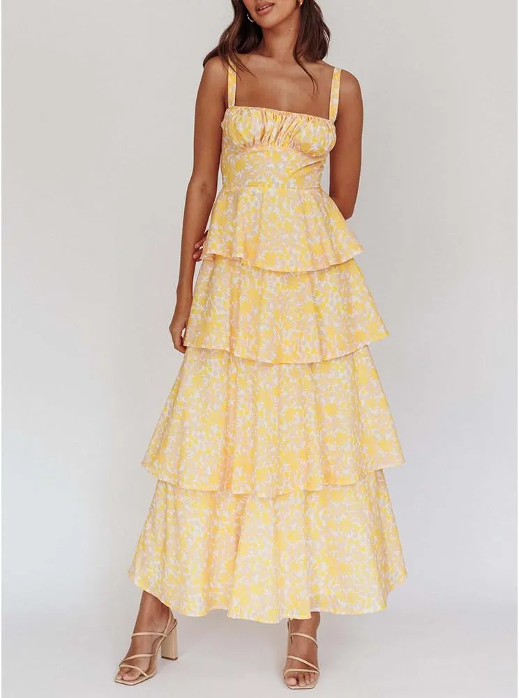 Women Floral Maxi Dress Sleeveless Bow Back Tiered Boho Flowy Long Dresses Summer Fall