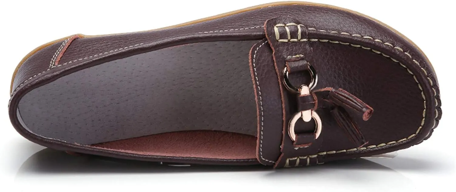 Women Loafers Leather Rubber Sole Slip On Walking Flats Casual Moccasin Boat Shoes