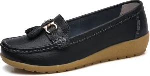 Women Loafers Soft Cow Leather Slip On Moccasin Boat Shoes Hand Sewn Soft Bottom Non-Slip Wedge Mother Fashion Dress Shoe