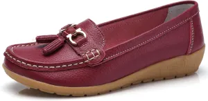 Women Loafers Soft Cow Leather Slip On Moccasin Boat Shoes Hand Sewn Soft Bottom Non-Slip Wedge Mother Fashion Dress Shoe