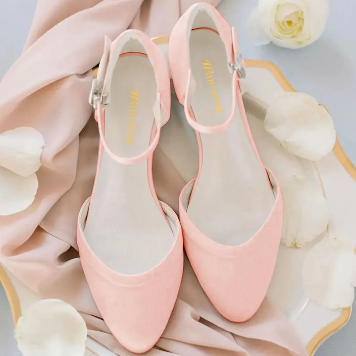 Women Lovely Almond Toe Ankle Strap Buckle Satin Flats Comfortable Insole Party Event Casual Dress Shoes Size 4-16 US
