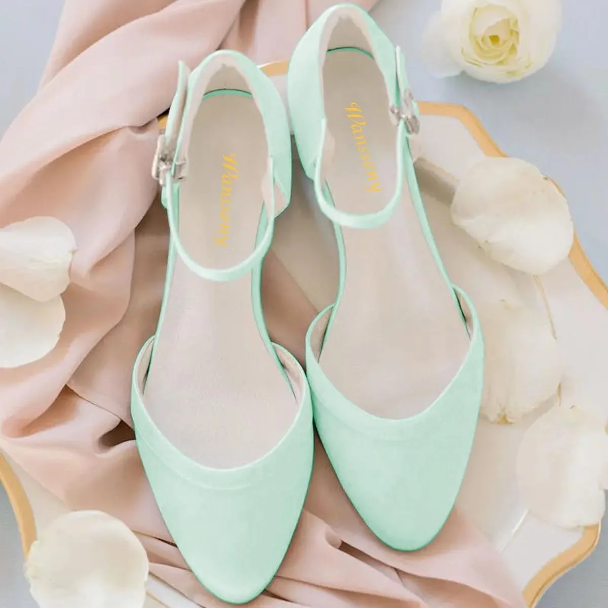 Women Lovely Almond Toe Ankle Strap Buckle Satin Flats Comfortable Insole Party Event Casual Dress Shoes Size 4-16 US