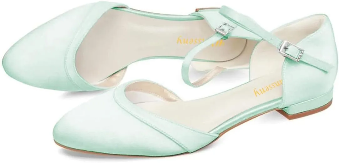 Women Lovely Almond Toe Ankle Strap Buckle Satin Flats Comfortable Insole Party Event Casual Dress Shoes Size 4-16 US