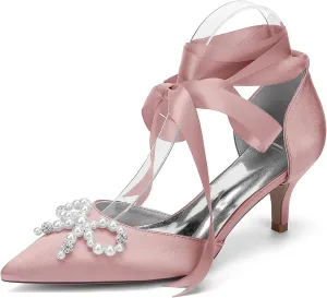 Women Pointed Toe Heels Satin Pearls Stiletto Sandals Wedding Shoes for Bride Ankle Strap Formal Party Dress Pumps