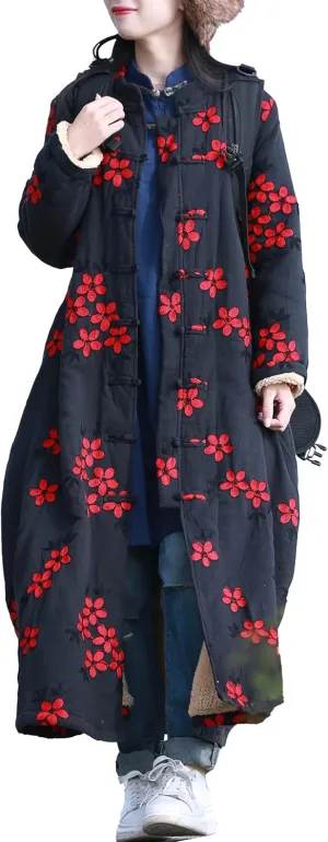 Women Trench Coat Floral Embroidered Jacket Long Cotton Linen Jacke Cottagecore Clothing Patchwork Outwear