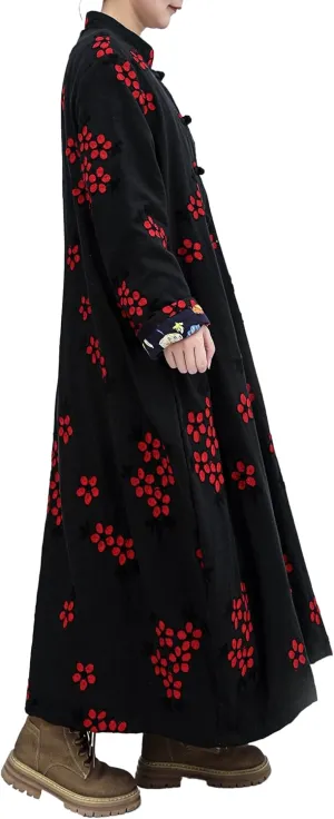 Women Trench Coat Floral Embroidered Jacket Long Cotton Linen Jacke Cottagecore Clothing Patchwork Outwear