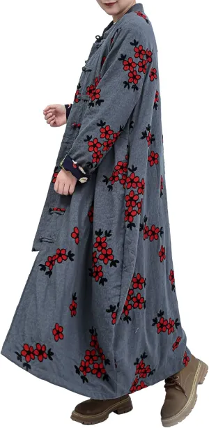 Women Trench Coat Floral Embroidered Jacket Long Cotton Linen Jacke Cottagecore Clothing Patchwork Outwear