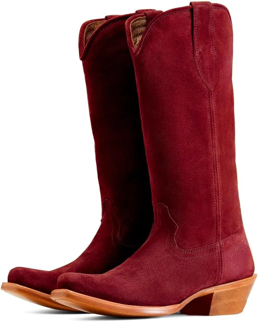 Women Vintage Low Chunky Heel Knee High Western Boots Slouchy Square-Pointed Toe Suede Cowboy Boots Pull On Two-Tone Burnished Mid Calf Cowgirl Boots Work Fall Winter Boot Comfort 4-11 M US