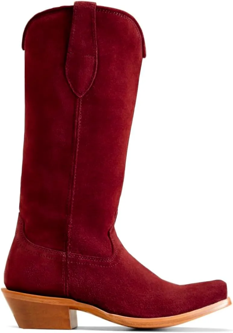Women Vintage Low Chunky Heel Knee High Western Boots Slouchy Square-Pointed Toe Suede Cowboy Boots Pull On Two-Tone Burnished Mid Calf Cowgirl Boots Work Fall Winter Boot Comfort 4-11 M US