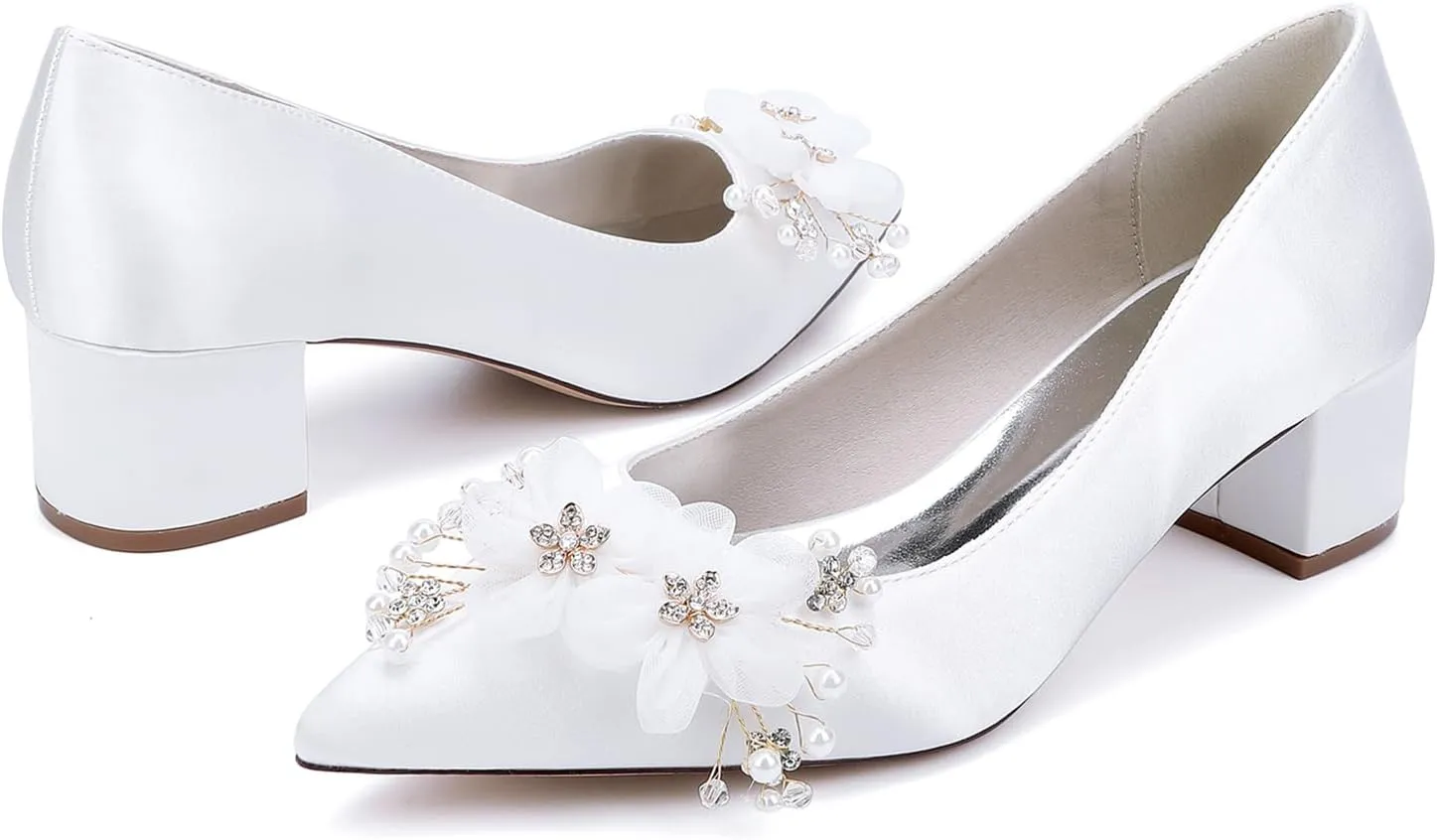 Women Wedding Shoes Satin with Embroidery Lace Flower Closed Pointed Toe Dress Sandals Slip-on Low Block Heel Pumps